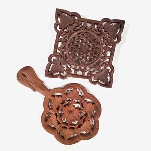 Lot of Two Vintage Hand Carved Teak Wooden Trivets Wall Hanging Ornate Art Deco
